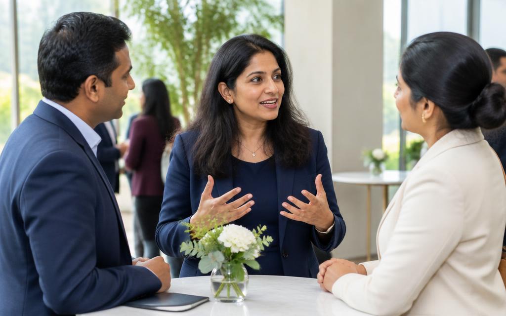 Professionals building relationships through conversation